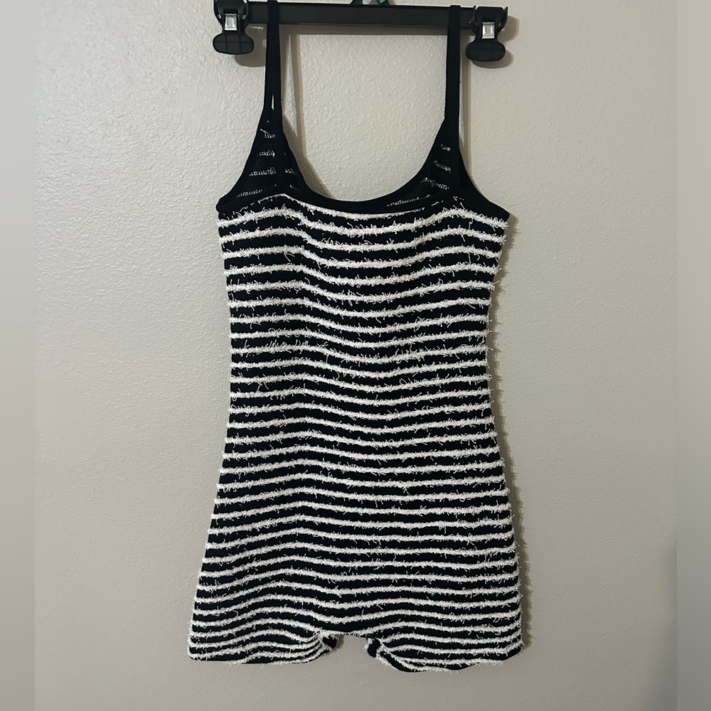 Stripped black and white fringe Romper.